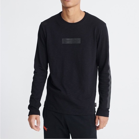 Superdry Surplus Goods Jet Black Graphic Long Sleeve Tee Top Size M - Picture 1 of 14